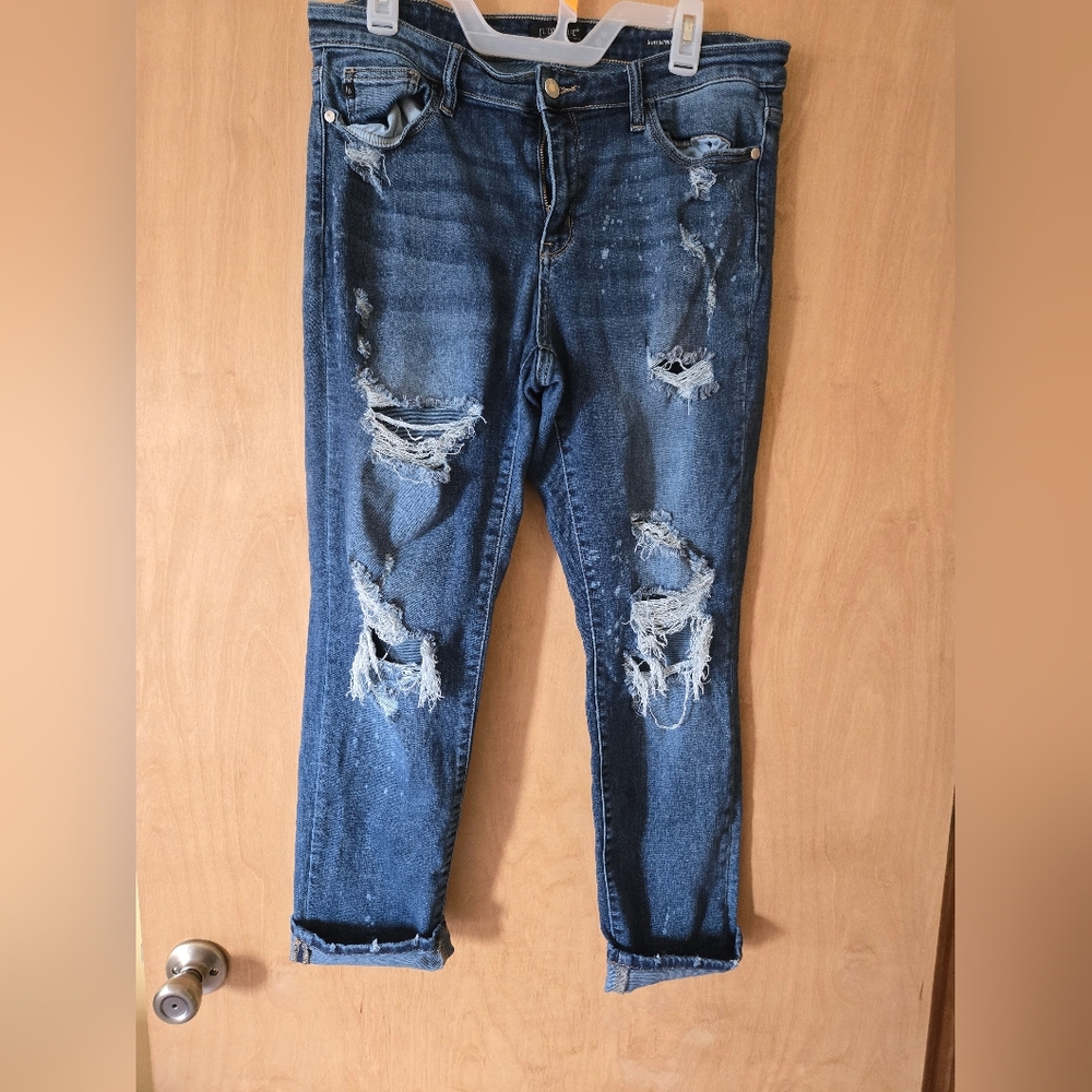 Judy Blue Ankle Cropped Blue Jeans with Distressed Details